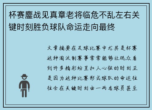 杯赛鏖战见真章老将临危不乱左右关键时刻胜负球队命运走向最终 杯赛鏖战见真章老将临危不乱左右关键时刻胜负球队命运走向最终