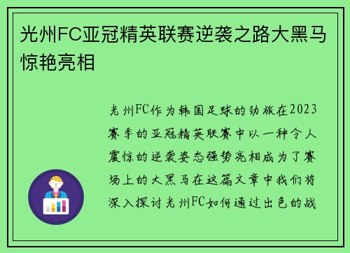 光州FC亚冠精英联赛逆袭之路大黑马惊艳亮相